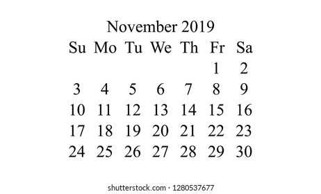 November 2019. Calendar 2019 vector. Simple design minimal 2019 calendar on desktop wallpaper