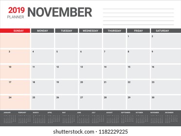 November 2019 desk calendar vector illustration, simple and clean design.