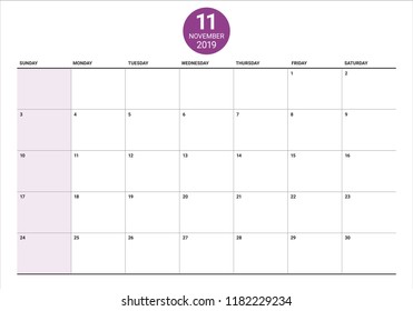 November 2019 desk calendar vector illustration, simple and clean design.