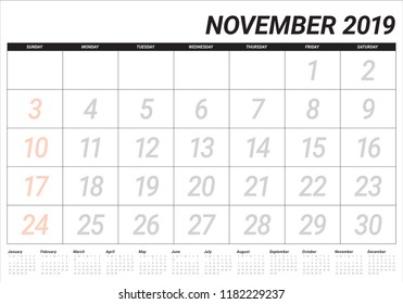 Ilustración vectorial del calendario de escritorio de noviembre de 2019, diseño simple y limpio.