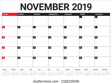 November 2019 desk calendar vector illustration, simple and clean design.