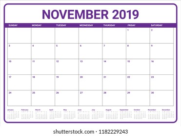 November 2019 desk calendar vector illustration, simple and clean design.