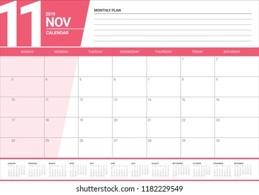 November 2019 desk calendar vector illustration, simple and clean design.