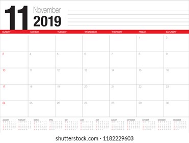 November 2019 desk calendar vector illustration, simple and clean design.