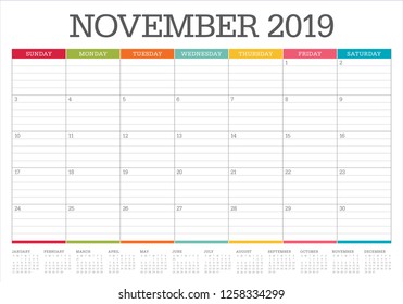 November 2019 desk calendar vector illustration, simple and clean design.