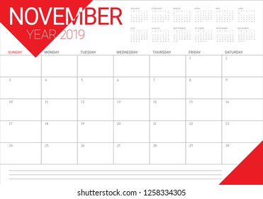 November 2019 desk calendar vector illustration, simple and clean design.