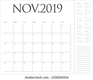 November 2019 desk calendar vector illustration, simple and clean design.