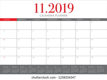 November 2019 desk calendar vector illustration, simple and clean design.