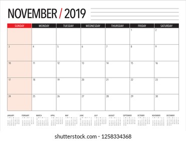 November 2019 desk calendar vector illustration, simple and clean design.