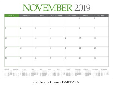 November 2019 desk calendar vector illustration, simple and clean design.