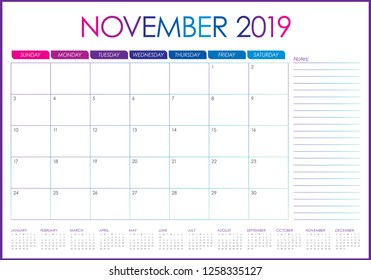 November 2019 desk calendar vector illustration, simple and clean design.