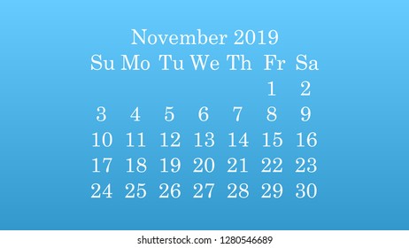 November 2019. Desktop wallpaper Calendar 2019 blue background, white numbers