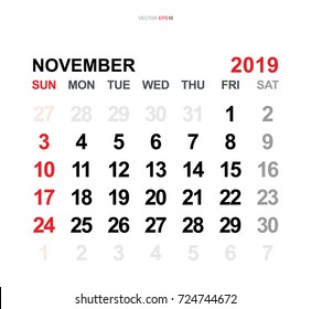 November 2019. Vector monthly calendar template 2019 year in simple style for template design. Week starts from Sunday.