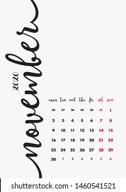 November 2020 Calendar. Desk Paper Calendar 2020 Design Concept. Vector Set 12 Months and Cover Page. Corporate Calendar Design Template A5.