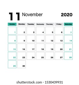 November 2020 calendar leaf. Week starts on Sunday. Printable vector stationery design template