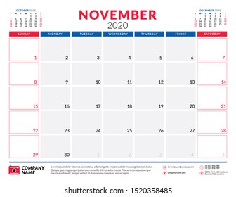 November 2020. Calendar planner stationery design template. Vector illustration. Week starts on Sunday