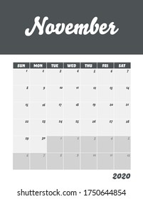 November 2020 Calendar Sheet. Week Start Sunday Modern Design Template.