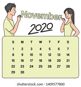 November : 2020 Calendar template : Sweet couple with hand drawn style : Vector illustration