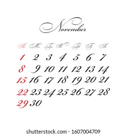 November 2020 Calendar vector with calligraphic font