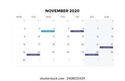 November 2020 Calendar. Wall Calendar Template for November 2020
