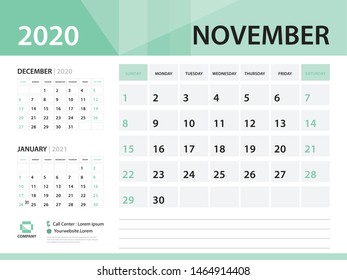 NOVEMBER 2020, Desk Calendar 2020 vector Design, green concept for business; Week Start On Sunday, Planner, Stationery, Printing, Size : 8 x 6 inch