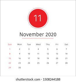 November 2020 desk calendar vector illustration, simple and clean design. 