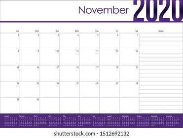 November 2020 desk calendar vector illustration, simple and clean design. 
