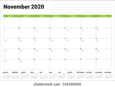 November 2020 desk calendar vector illustration, simple and clean design. 

