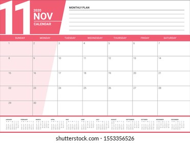 November 2020 desk calendar vector illustration, simple and clean design. 

