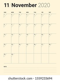 November 2020 desk calendar vector illustration, simple and clean design. 
