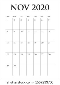 November 2020 desk calendar vector illustration, simple and clean design. 
