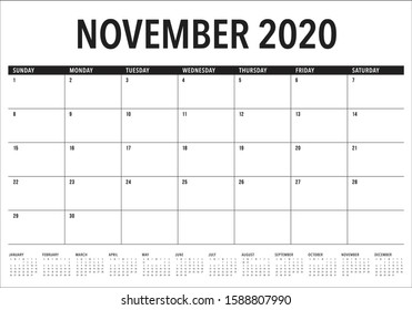 November 2020 desk calendar vector illustration, simple and clean design. 
