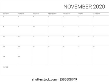 November 2020 desk calendar vector illustration, simple and clean design. 
