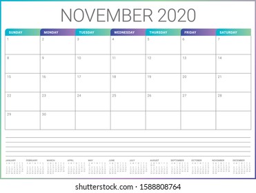 November 2020 desk calendar vector illustration, simple and clean design. 
