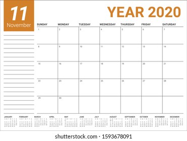 November 2020 desk calendar vector illustration, simple and clean design. 
