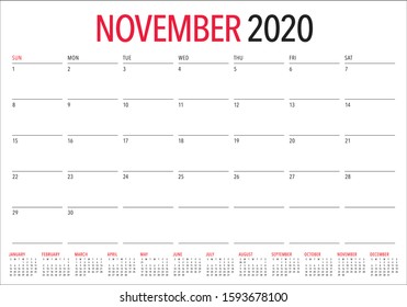 November 2020 desk calendar vector illustration, simple and clean design. 
