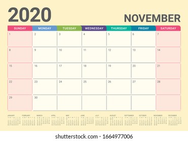 November 2020 desk calendar vector illustration, simple and clean design. 