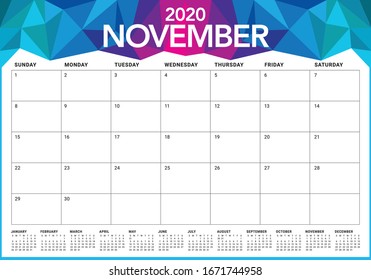November 2020 desk calendar vector illustration, simple and clean design. 
