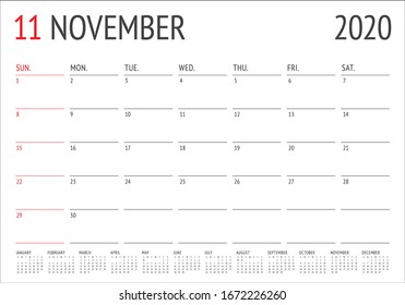 Ilustración vectorial del calendario de escritorio de noviembre de 2020, diseño simple y limpio. 