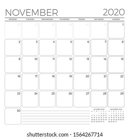 November 2020. Monthly calendar planner template. Minimalist style. Vector illustration. Week starts on Monday