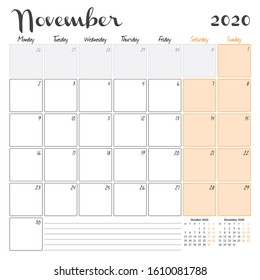 November 2020. Monthly calendar planner printable template. Vector illustration. Week starts on Monday