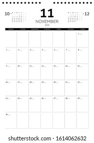 November 2020. Monthly vertical calendar planner printable template A4, A3. Vector illustration. Week starts on Monday.