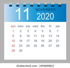November 2020. Vector monthly calendar template 2020 year in simple style for template design. Week starts from Sunday.