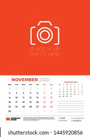 November 2020. Wall calendar planner template. Week starts on Monday. Typographic design template. Vector illustration