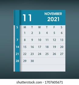 November 2021 Calendar Leaf. Flat design. Monthly calendar design template. Week starts on Sunday. Business vector illustration.