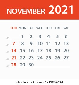 November 2021 Calendar Leaf - Illustration. Vector graphic page