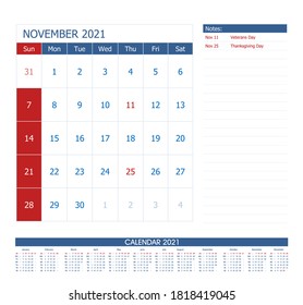 November 2021 Calendar Planner. Office calendar vector template.
