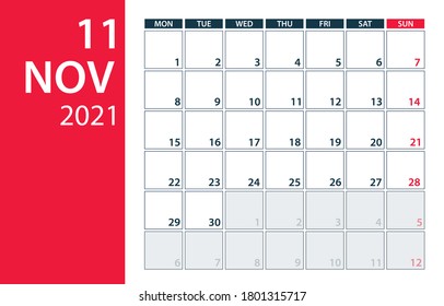 November 2021 Calendar Planner - vector illustration. Template. Mock up.