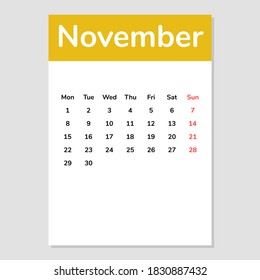 November 2021 calendar sheet. Vector illustration. 
