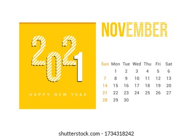 November 2021 Calendar Template Design with white Background. Week starts on Sunday. Calendar 2021 template Design Vector.